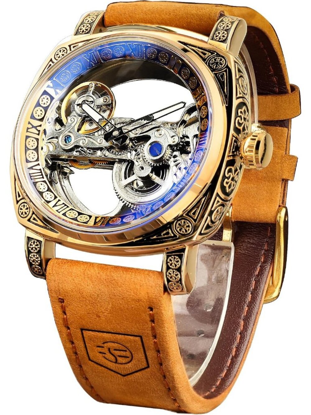 Men's Brown Retro Totem Double Sided Hollow Skeleton Luxury Square Wrist Watch